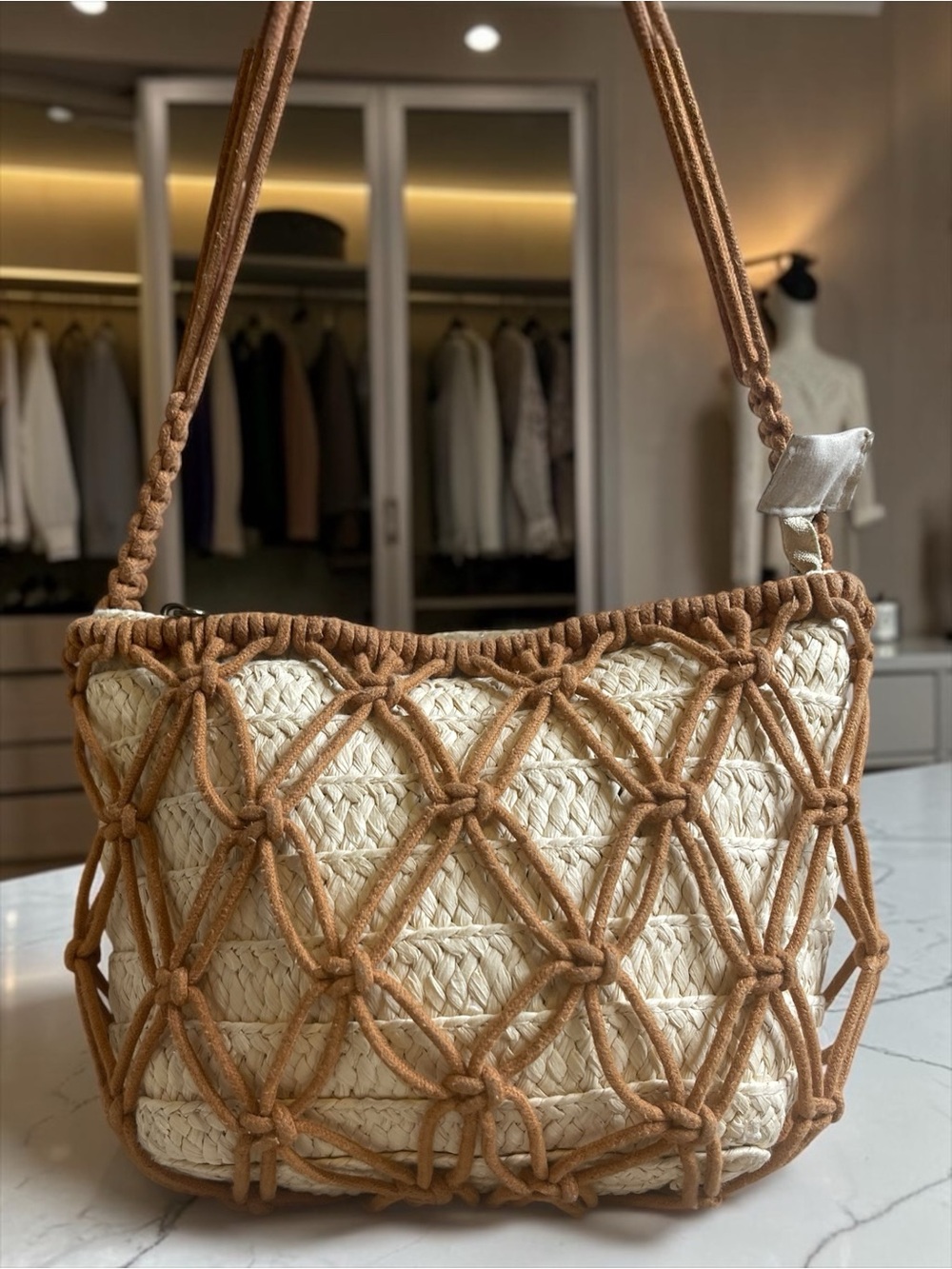 Universal Thread Straw Macrame Shoulder Bag Tan Woven Hobo Purse Boho - Picture 1 of 5